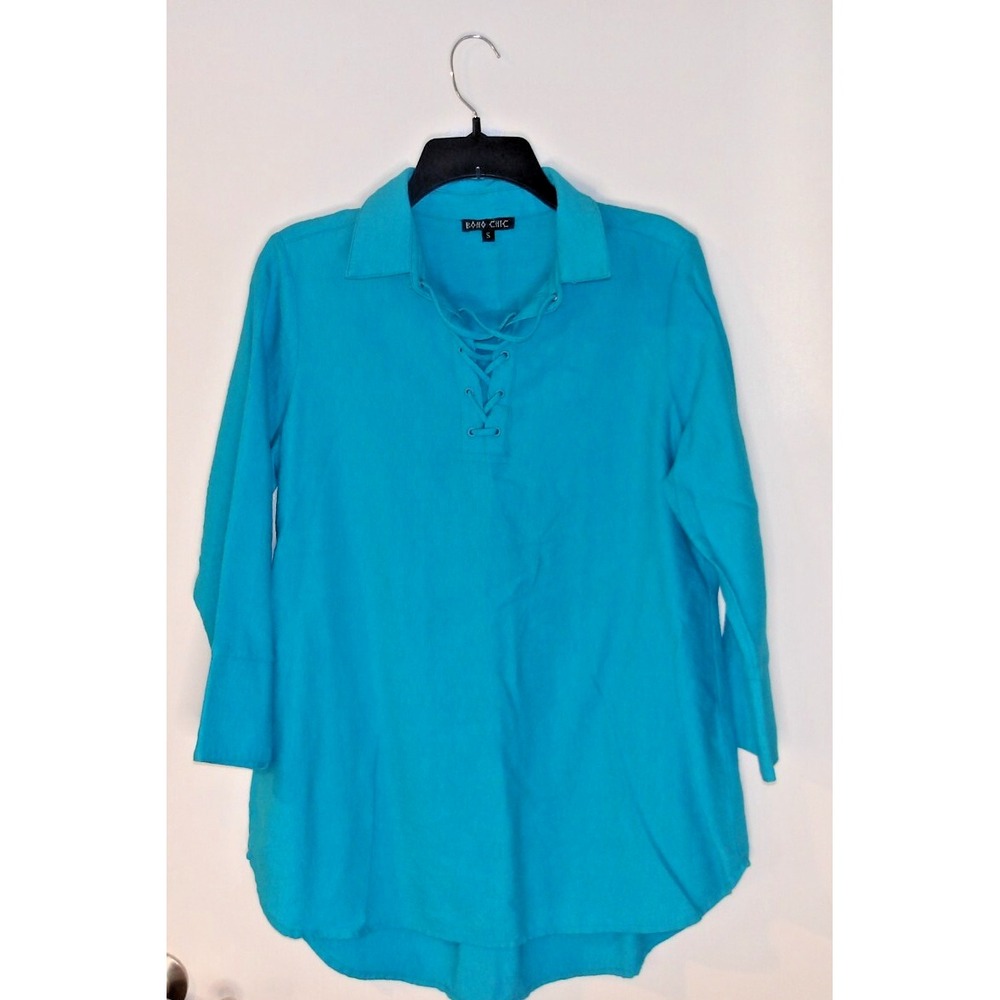 Boho Chic/‎ Half Laced Blouse / 3/4 sleeve/ Collared Neck Blue Top